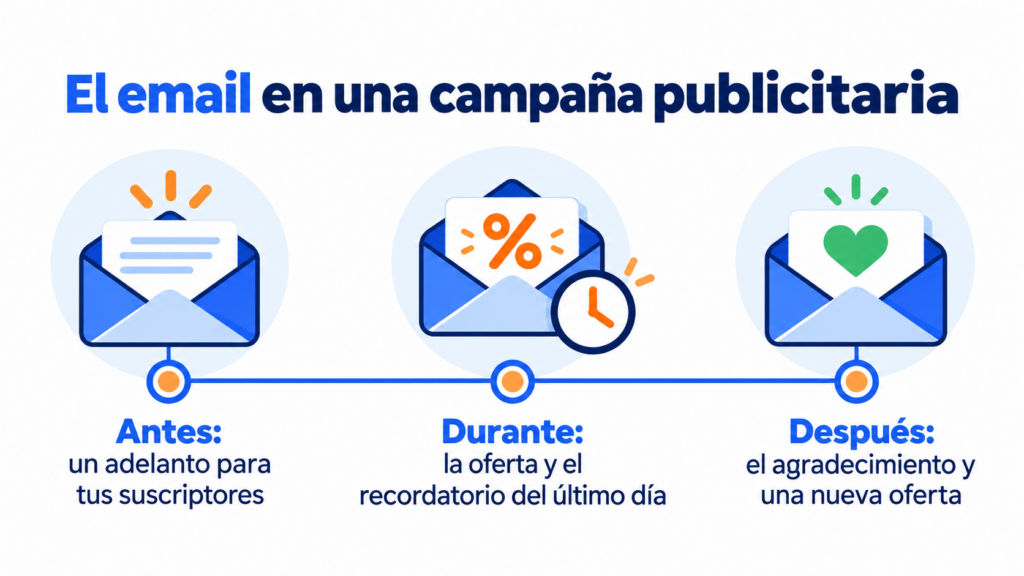 Email in an advertising campaign: before, a sneak peek for your subscribers; during, the offer and the last-day reminder; after, a thank-you and a new offer