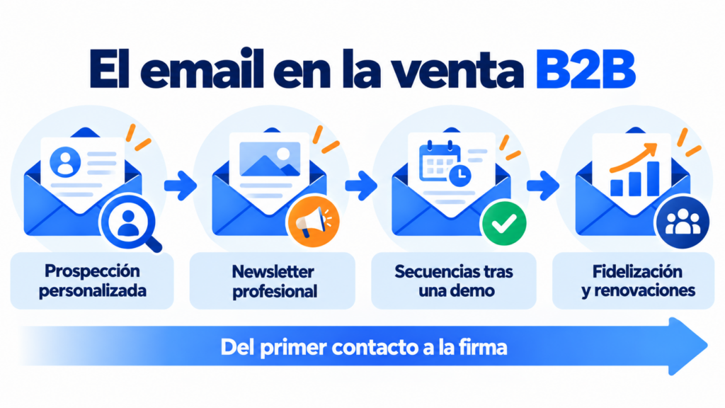 El email en la venta B2B, del primer contacto a la firma: prospección personalizada, newsletter profesional, secuencias tras una demo y fidelización y renovaciones