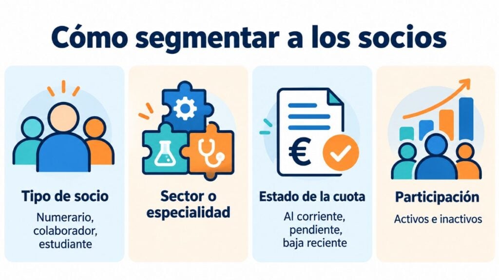 Esquema de segmentación de socios por tipo de socio, sector o especialidad, estado de la cuota y participación