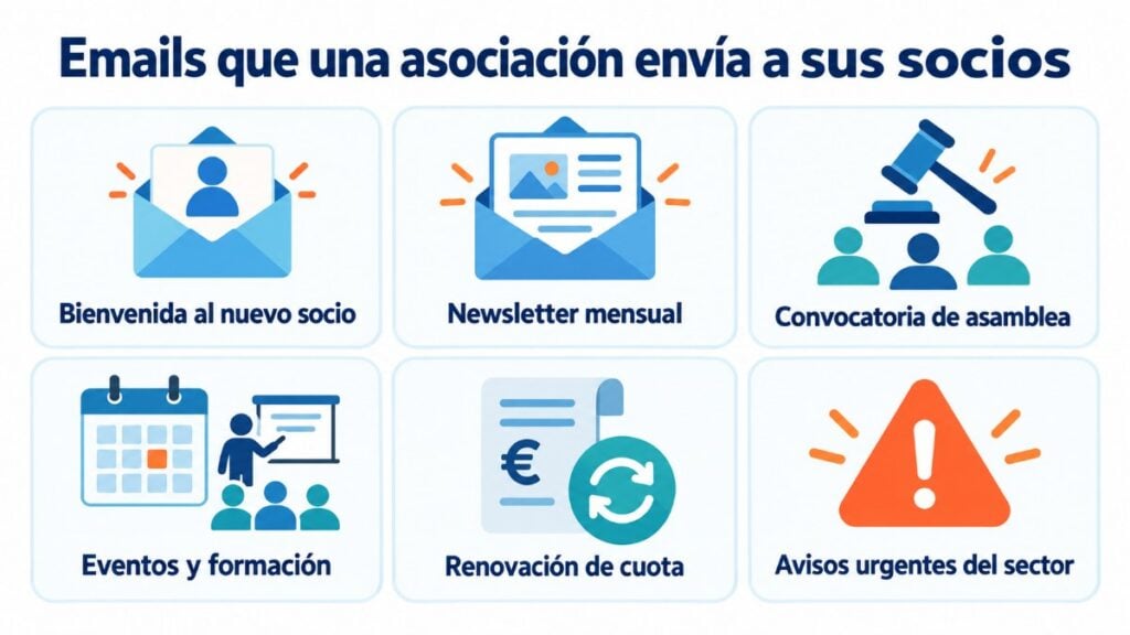 Infografía de los seis emails que una asociación envía a sus socios: bienvenida, newsletter, convocatoria de asamblea, eventos y formación, renovación de cuota y avisos del sector