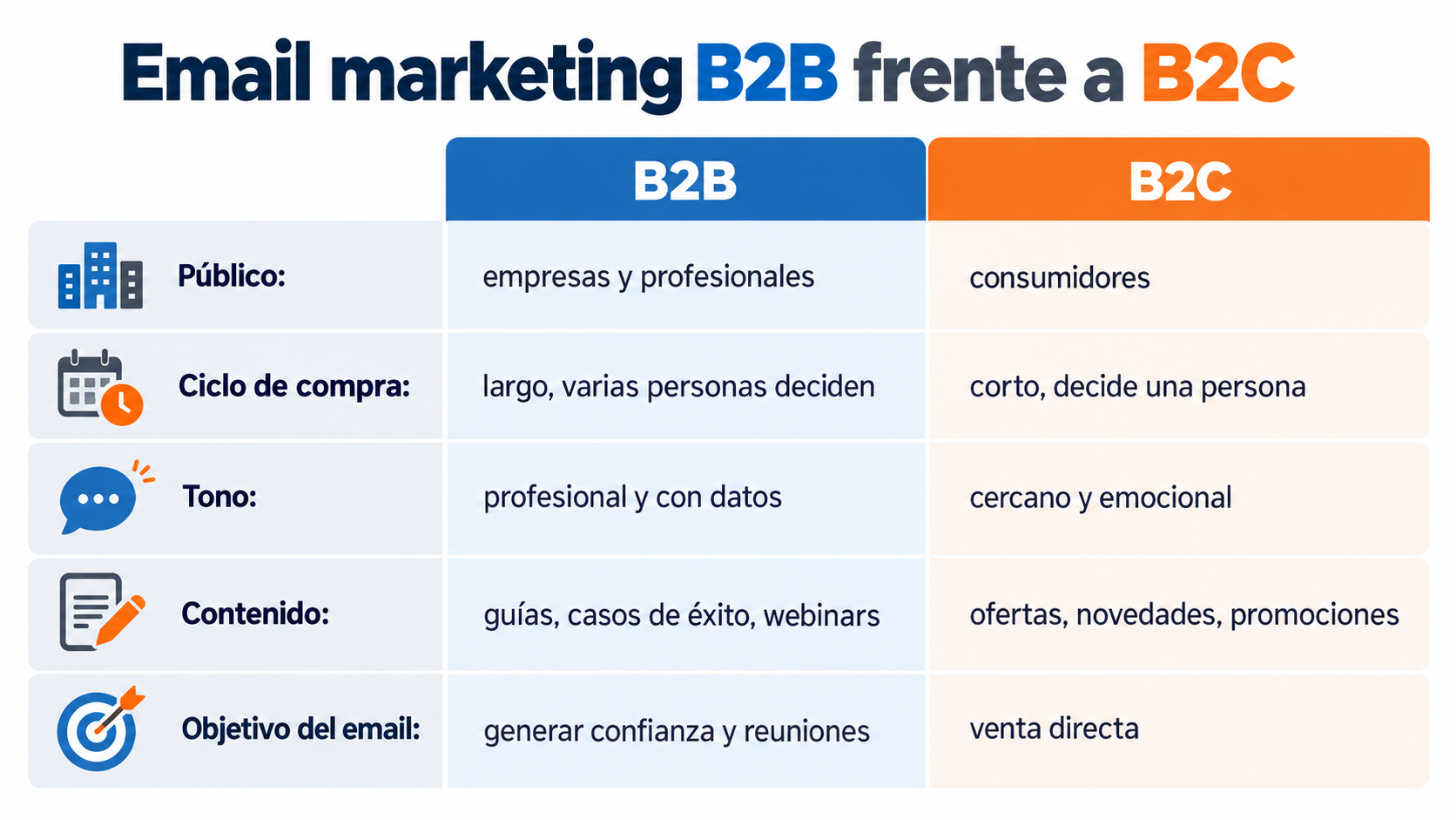 Email marketing B2B frente a B2C: público, ciclo de compra, tono, contenido y objetivo del email