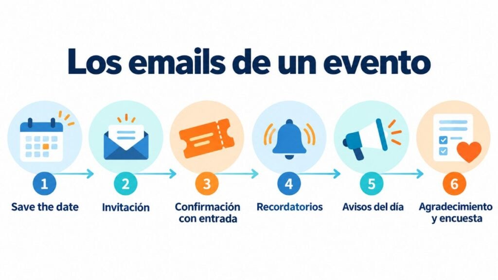 Línea de tiempo de los emails de un evento: save the date, invitación, confirmación, recordatorios, avisos del día y agradecimiento con encuesta