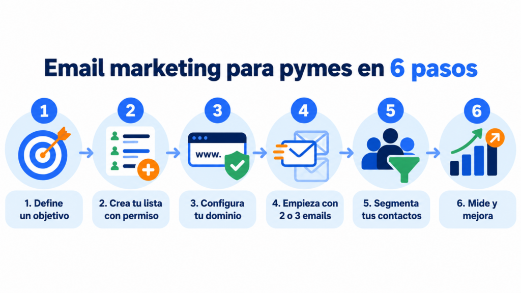 Email marketing para pymes en 6 pasos: define un objetivo, crea tu lista con permiso, configura tu dominio, empieza con 2 o 3 emails, segmenta tus contactos y mide y mejora
