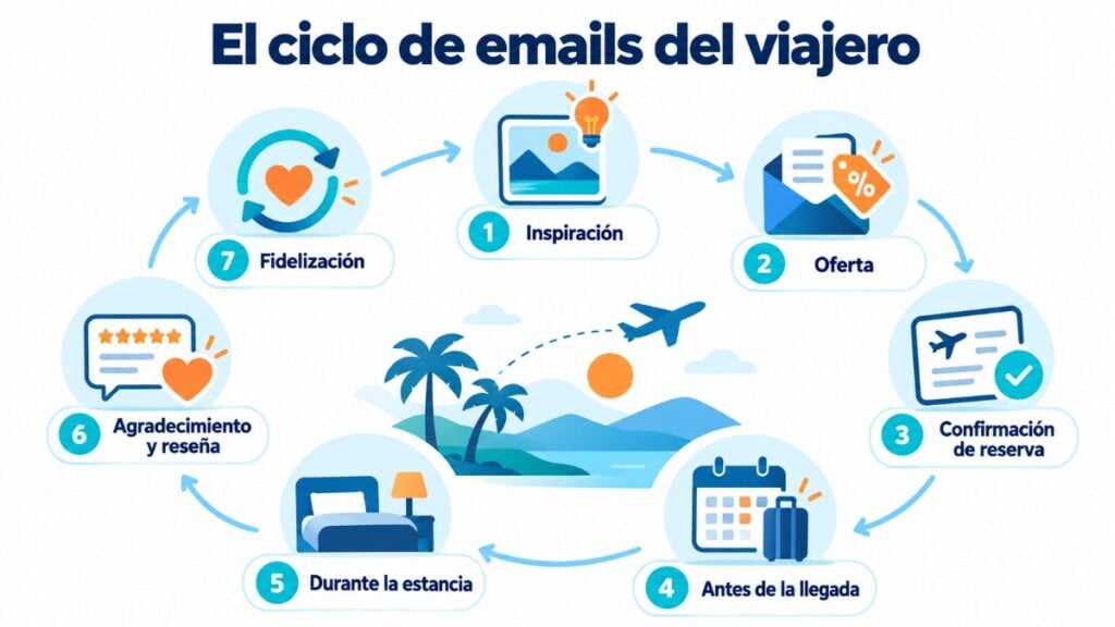 Ciclo de emails de un cliente de turismo: inspiración, oferta, confirmación de reserva, antes de la llegada, durante la estancia, después y fidelización