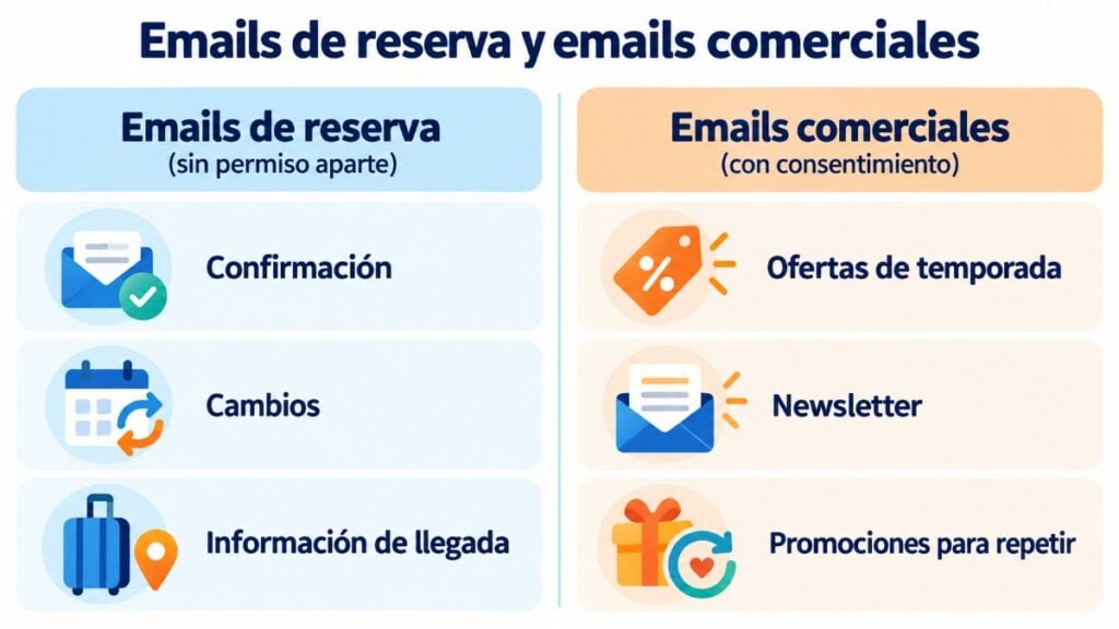 Diferencia entre emails de reserva, que no necesitan permiso aparte, y emails comerciales con ofertas, que requieren consentimiento