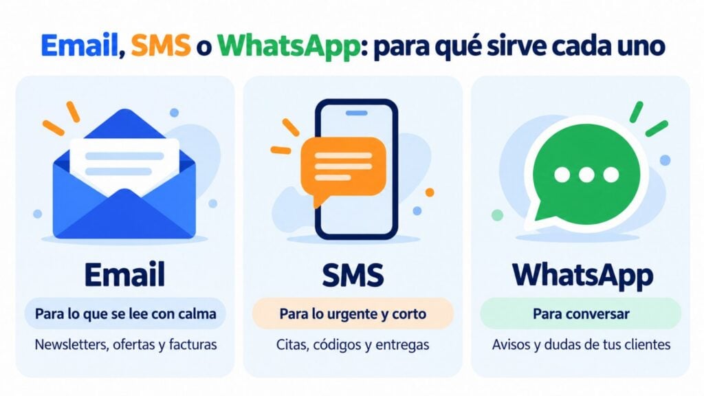 Email, SMS or WhatsApp: email for what people read at their own pace (newsletters, offers and invoices), SMS for what's short and urgent (appointments, codes and deliveries) and WhatsApp for conversations (notices and questions from your customers)