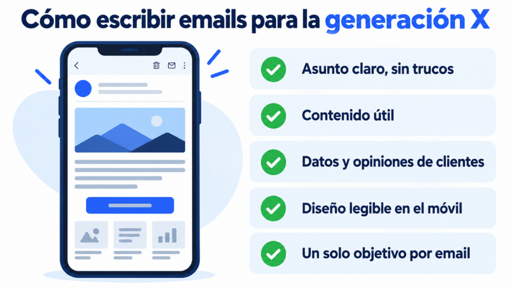How to write emails for Generation X: a clear subject line with no tricks, useful content, data and customer reviews, a design that's readable on mobile and a single goal per email