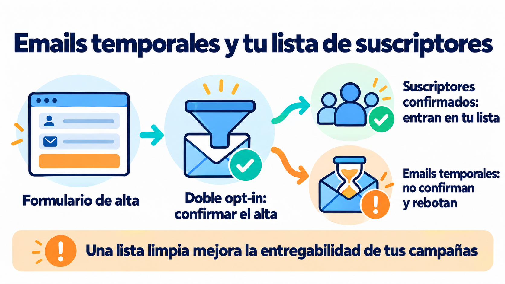 Esquema de um formulário de assinatura com double opt-in: os endereços temporários geram rebote e só os confirmados entram na lista