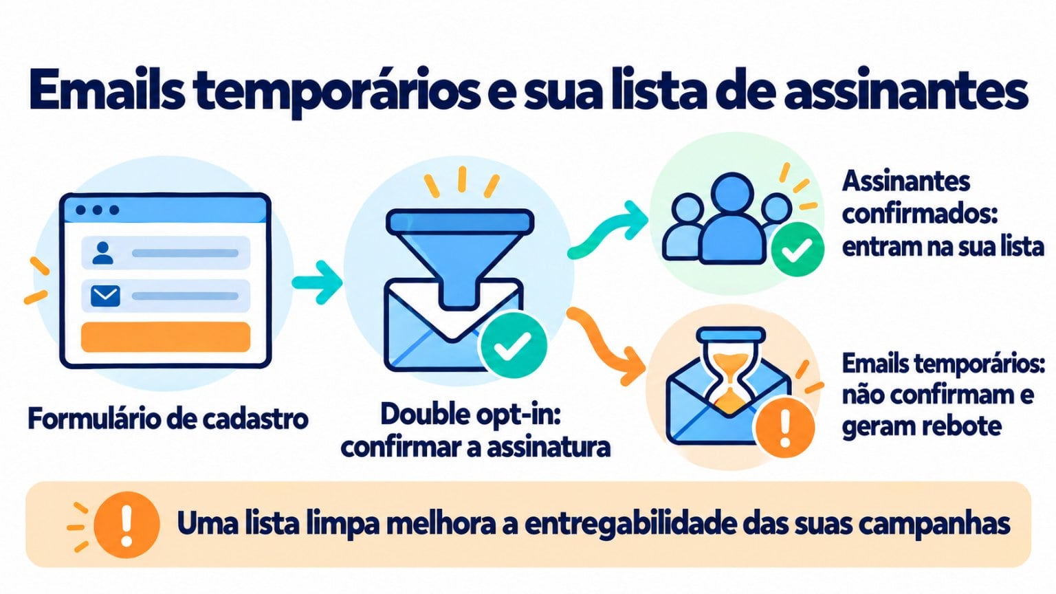 Esquema de um formulário de assinatura com double opt-in: os endereços temporários geram rebote e só os confirmados entram na lista