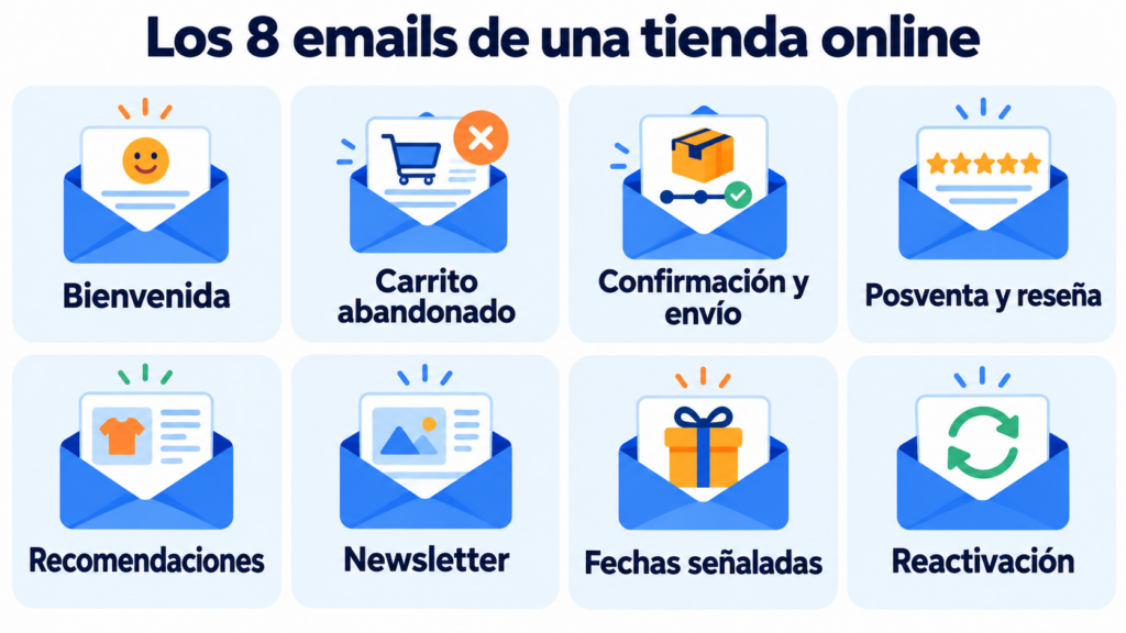 Os 8 emails de uma loja virtual: boas-vindas, carrinho abandonado, confirmação e envio, pós-venda e avaliação, recomendações, newsletter, datas comemorativas e reativação