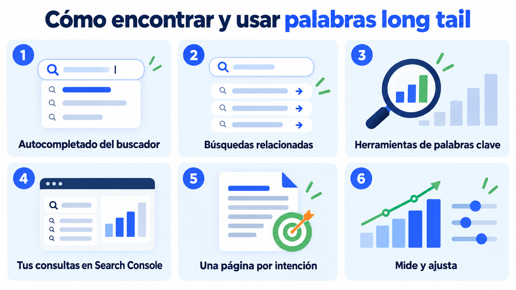 How to find and use long tail words: autocomplete, related searches, tools, Search Console, one page per intent and measuring