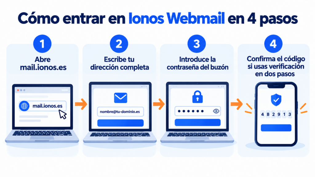 How to log in to Ionos Webmail in 4 steps: open mail.ionos.es, enter your full address, enter the mailbox password and confirm the code if you use two-step verification