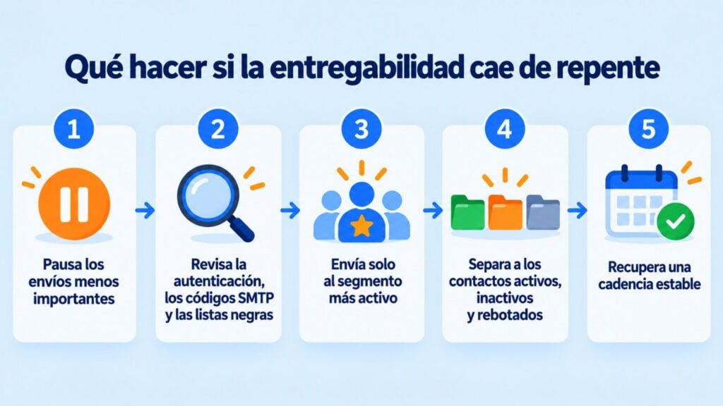 What to do if deliverability suddenly drops: pause the least important sends, check authentication, SMTP codes and blacklists, send only to the most active segment, separate your contacts and get back to a steady cadence
