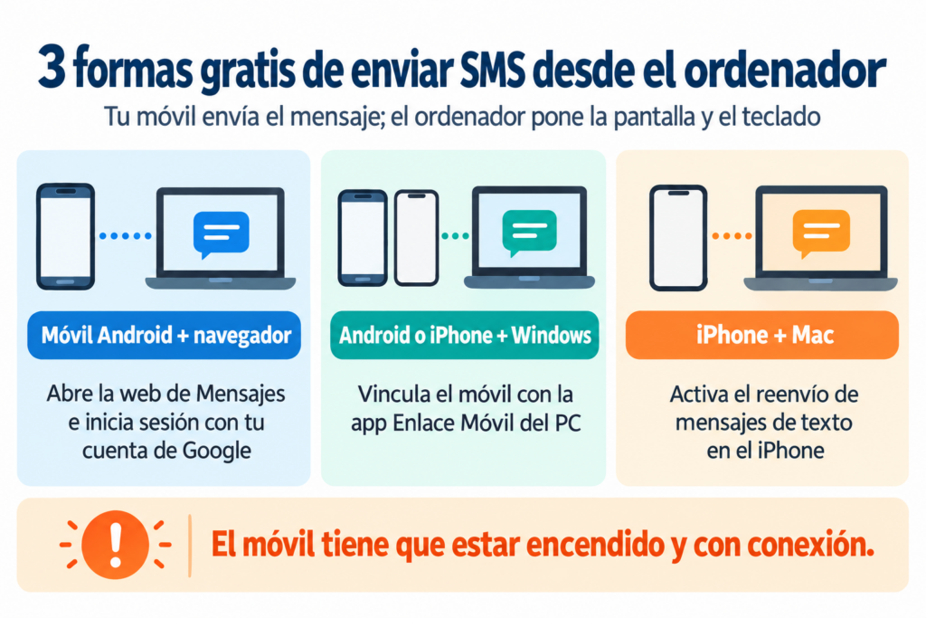 Infographic of 3 free ways to send SMS from your computer: Android with the browser, Android or iPhone with Windows, and iPhone with Mac