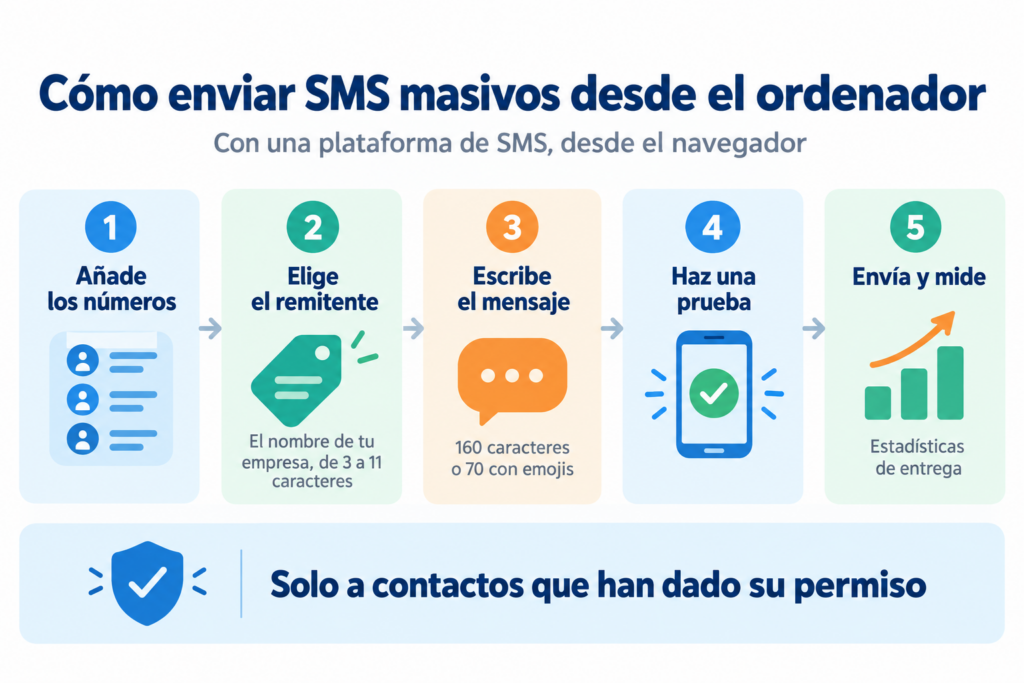 Infographic of how to send mass SMS from your computer with a platform: numbers, sender, message, test and sending with statistics