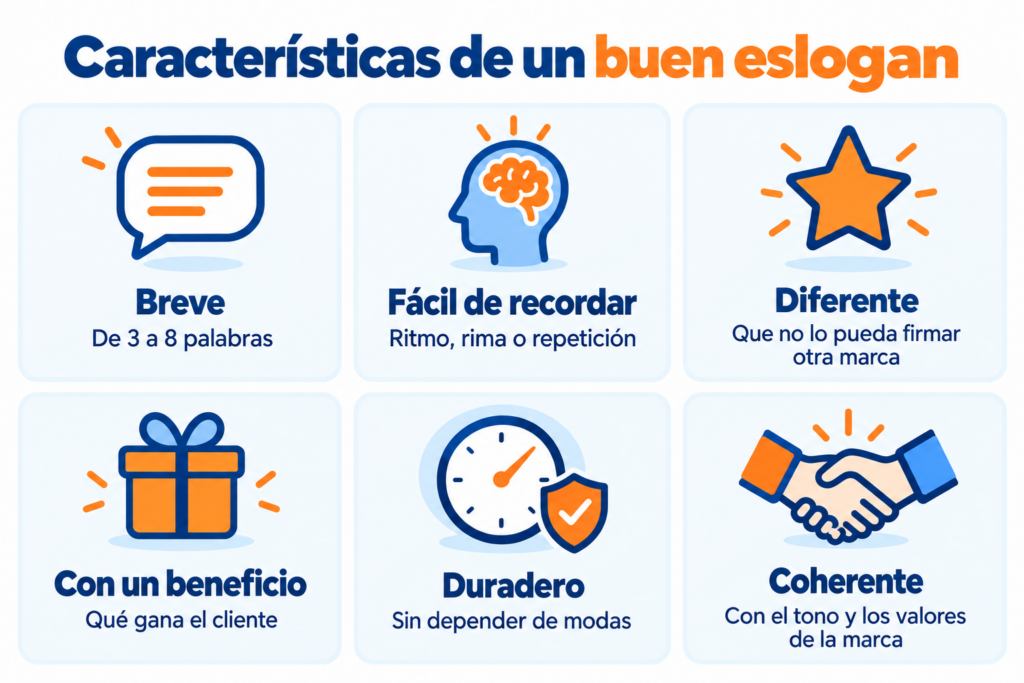Características de um bom slogan: curto, fácil de lembrar, diferente, com um benefício, duradouro e coerente