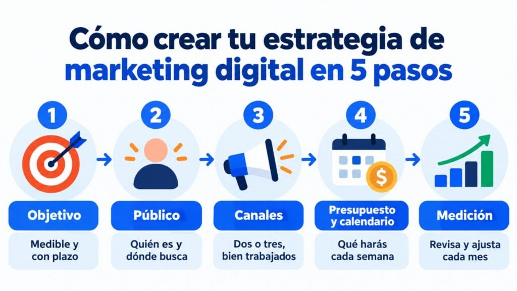 Infographic with the 5 steps to build a digital marketing strategy: goal, audience, channels, budget and schedule, and measurement