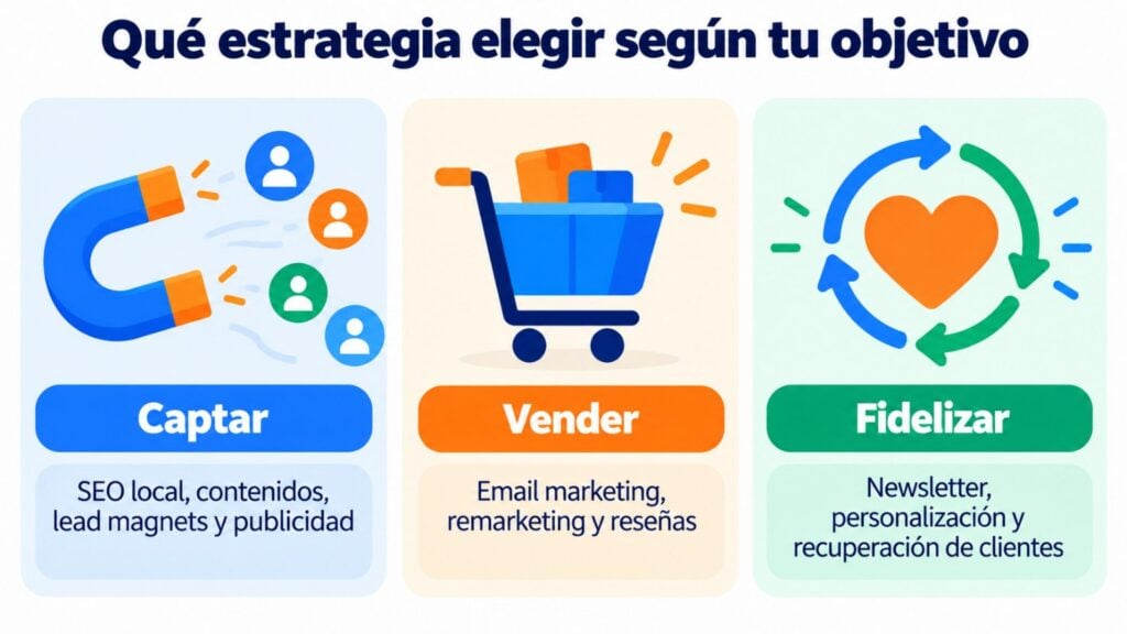 Infographic with the most useful digital marketing strategies to attract, sell to and retain customers