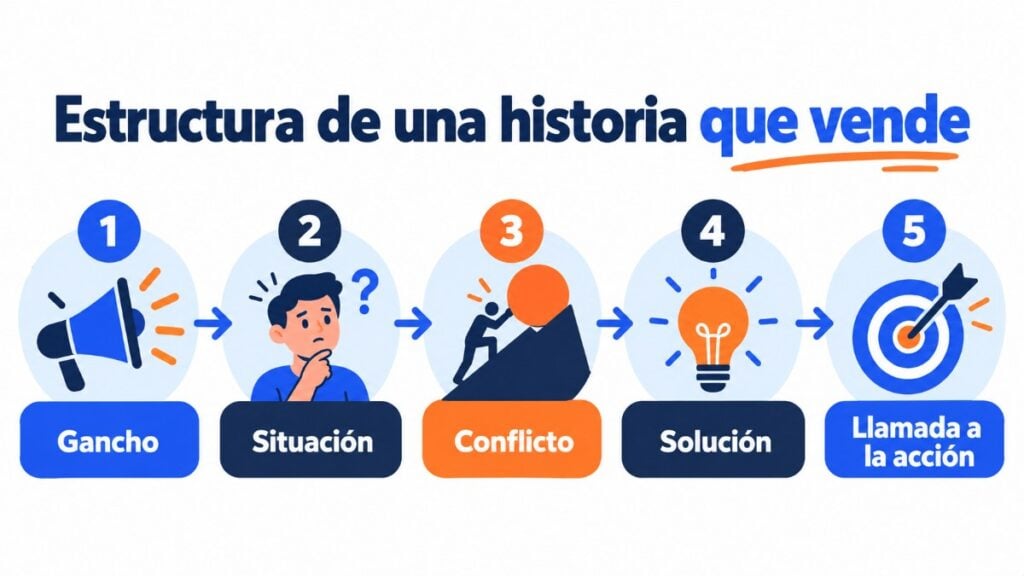 Estructura de una historia que vende en 5 pasos: gancho, situación, conflicto, solución y llamada a la acción