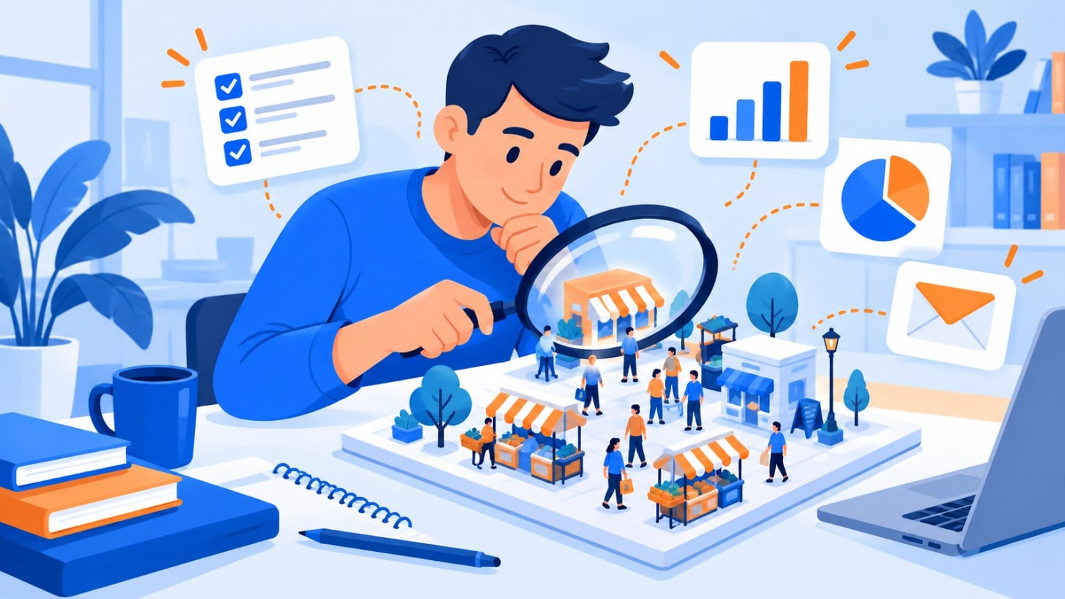 Ilustración de una persona que observa con lupa un mercado en miniatura sobre su mesa, rodeada de una encuesta, gráficos y un sobre: el estudio de mercado