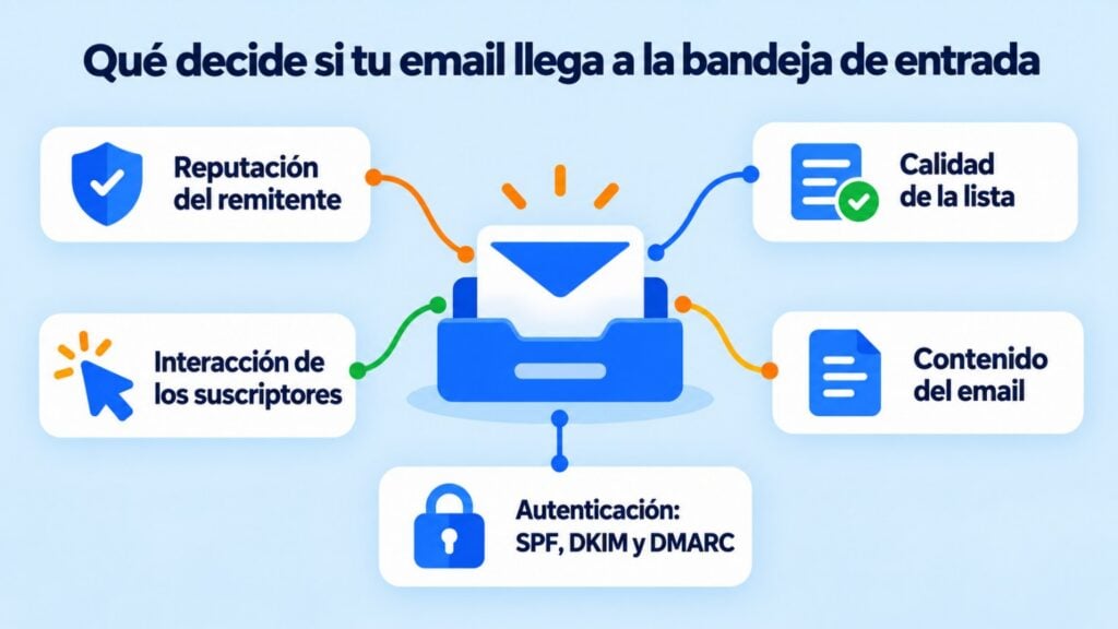 What decides whether your email reaches the inbox: sender reputation, list quality, subscriber engagement, email content, and SPF, DKIM and DMARC authentication
