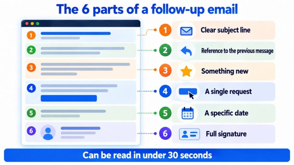 The 6 parts of a follow-up email: clear subject line, reference to the previous message, something new, a single request, a date and a full signature