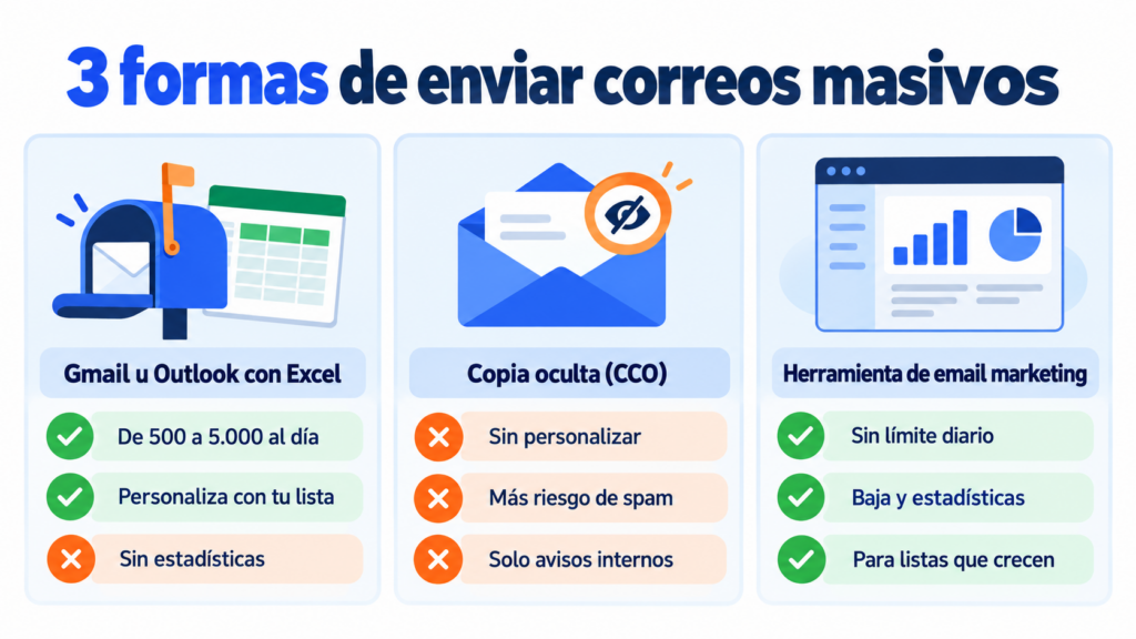 3 ways to send bulk emails: Gmail or Outlook with Excel, blind carbon copy (BCC) and an email marketing tool