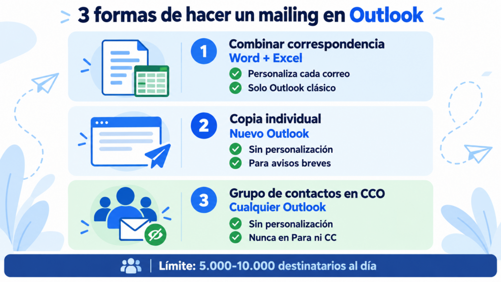 3 ways to send a mass email in Outlook: mail merge, individual copies and a contact group in BCC
