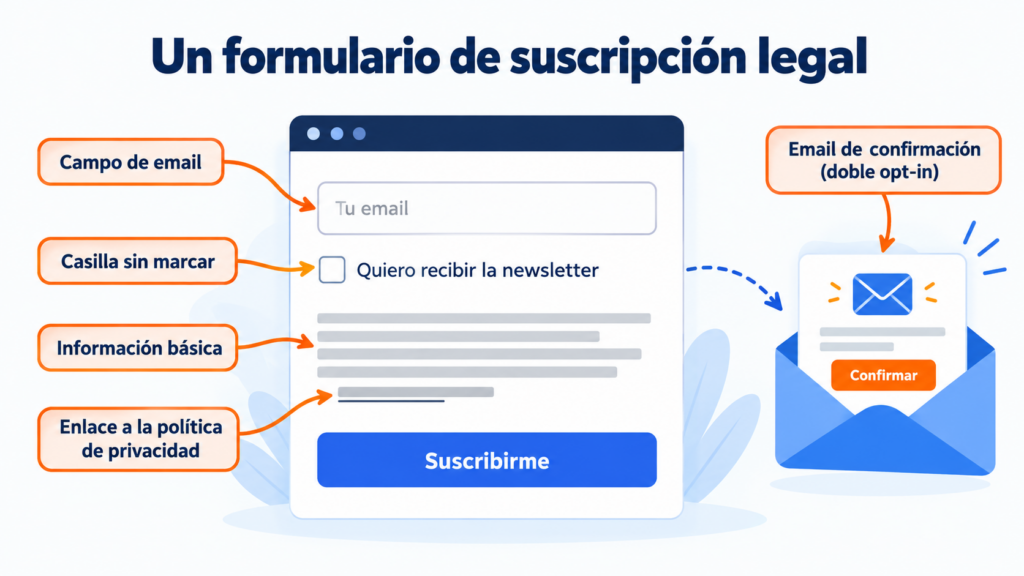 Partes de un formulario de suscripción legal: casilla sin marcar, información básica, política de privacidad y doble opt-in
