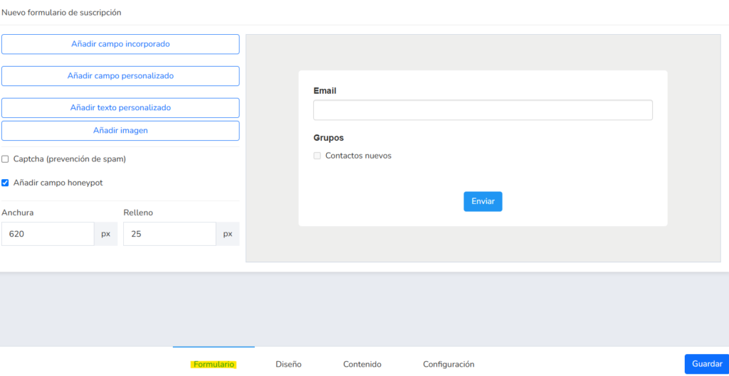 Pestaña Formulario de Mailrelay con los botones para añadir campos, captcha y la vista previa