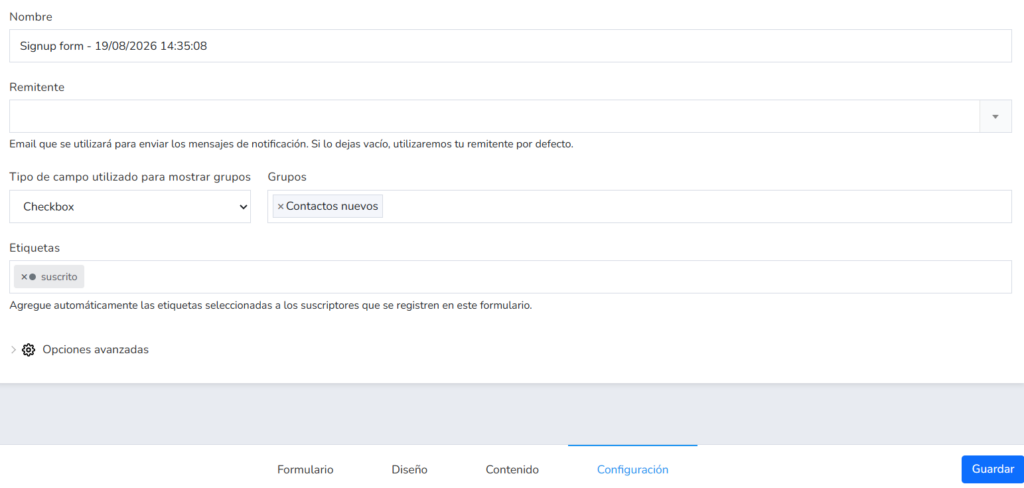 Pestaña Configuración del formulario de suscripción: nombre, remitente, grupos y etiquetas
