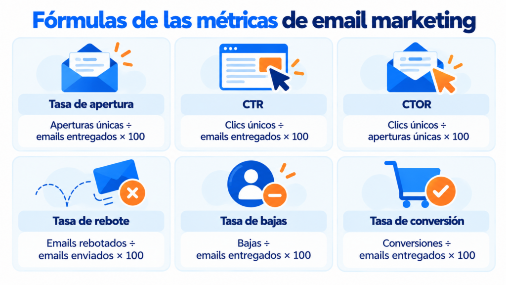 Fórmulas das métricas de email marketing: taxa de abertura, CTR, CTOR, bounce, descadastros e conversão