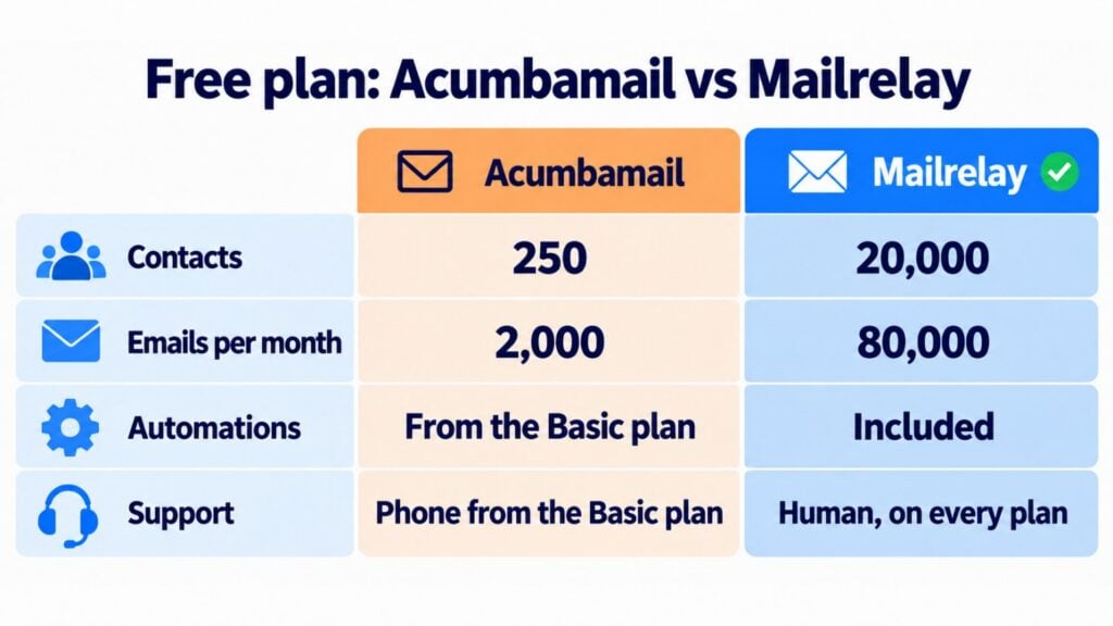 Comparison of the Acumbamail and Mailrelay free plans: 250 vs 20,000 contacts, 2,000 vs 80,000 emails a month, automations from the Basic plan vs included, and phone support from the Basic plan vs human support on every plan