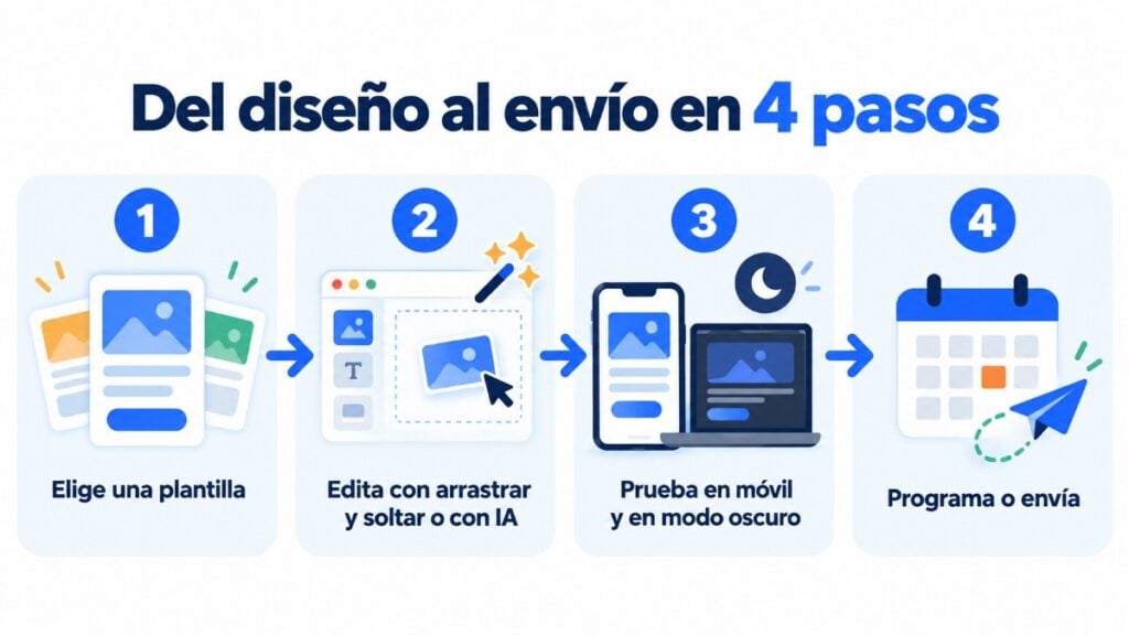 Del diseño al envío en 4 pasos en Mailrelay: elige una plantilla, edita con arrastrar y soltar o con IA, prueba en móvil y en modo oscuro, y programa o envía