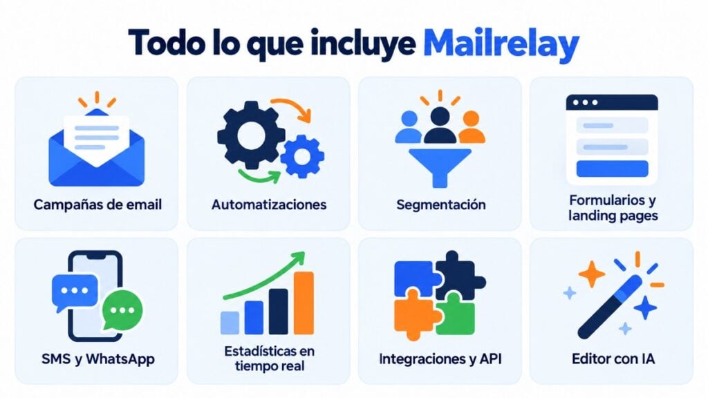 Todo lo que incluye Mailrelay: campañas de email, automatizaciones, segmentación, formularios y landing pages, SMS y WhatsApp, estadísticas en tiempo real, integraciones y API y editor con IA