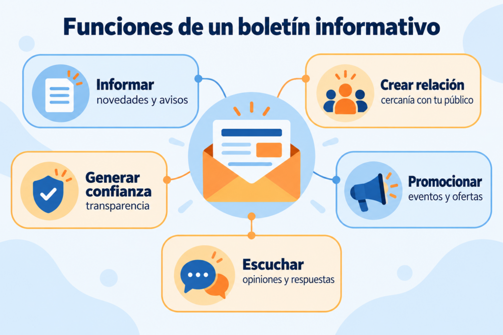 Infográfico com as funções de um boletim informativo: informar, criar relacionamento, gerar confiança, divulgar e ouvir