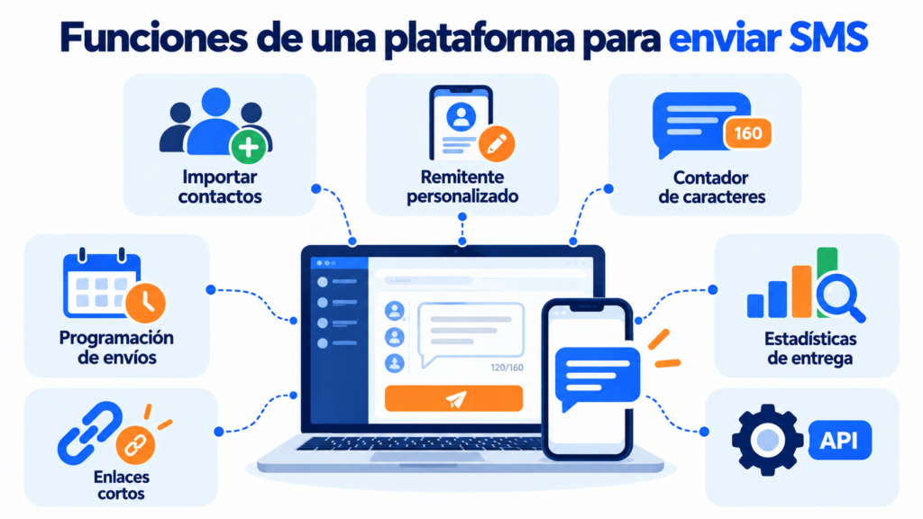 Funciones de una plataforma para enviar SMS: importar contactos, remitente personalizado, editor con contador de caracteres, programación de envíos, enlaces cortos, estadísticas de entrega y API