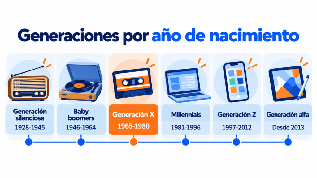 Generations by birth year: Silent Generation (1928-1945), baby boomers (1946-1964), Generation X (1965-1980), millennials (1981-1996), Generation Z (1997-2012) and Generation Alpha (from 2013)