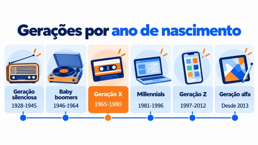 Gerações por ano de nascimento: geração silenciosa (1928-1945), baby boomers (1946-1964), geração X (1965-1980), millennials (1981-1996), geração Z (1997-2012) e geração alfa (a partir de 2013)