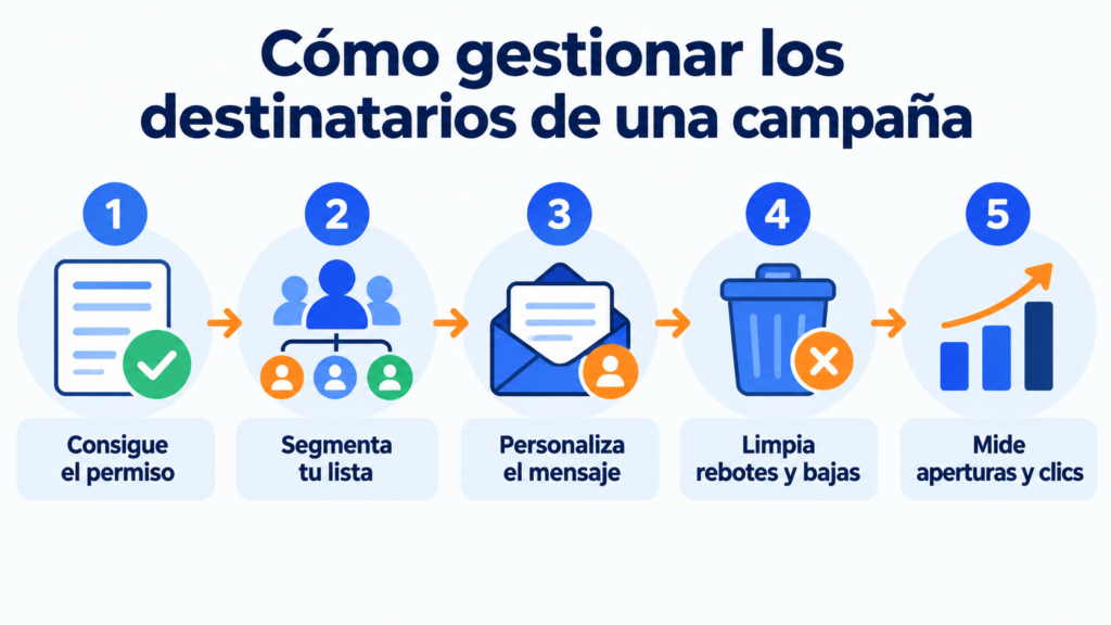Como gerenciar os destinatários de uma campanha em 5 passos: obtenha a permissão, segmente a sua lista, personalize a mensagem, limpe bounces e descadastros, e meça aberturas e cliques