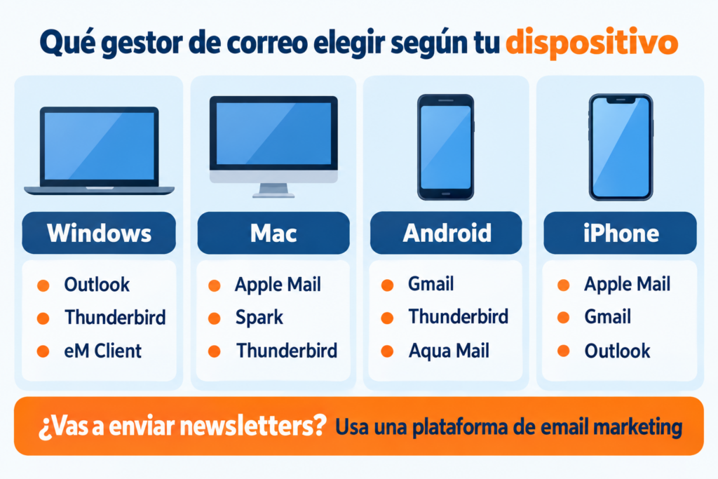 Infografía con el gestor de correo recomendado según el dispositivo: Windows, Mac, Android e iPhone