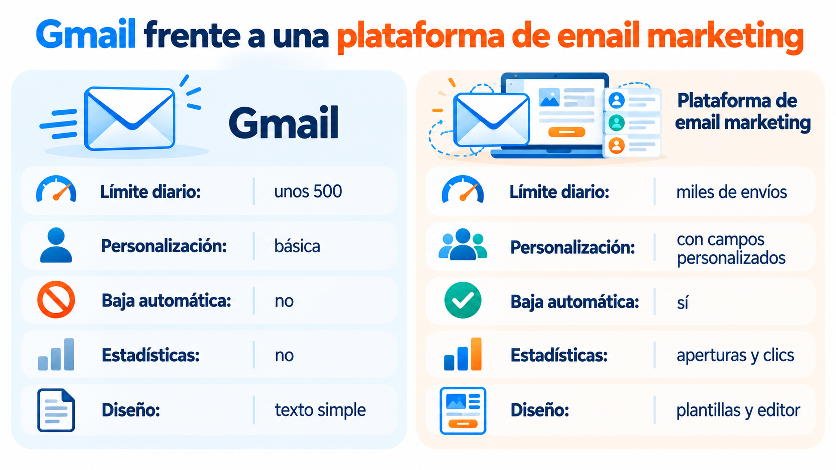 Gmail frente a una plataforma de email marketing: límite diario, personalización, baja automática, estadísticas y diseño