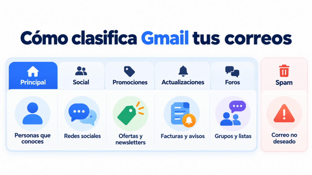 Como o Gmail classifica seus emails nas guias Principal, Social, Promoções, Atualizações e Fóruns