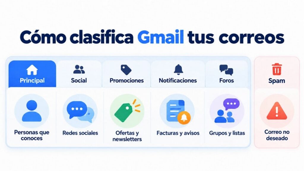 Como o Gmail classifica seus emails nas abas Principal, Social, Promoções, Atualizações e Fóruns
