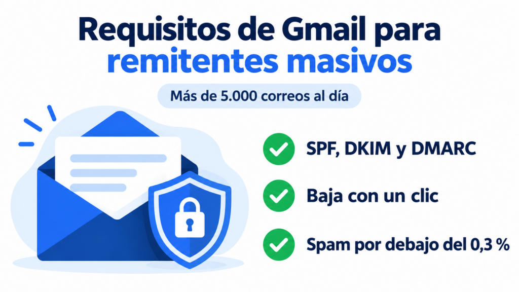 Requisitos do Gmail para remetentes em massa: SPF, DKIM e DMARC, descadastro com um clique e spam abaixo de 0,3%