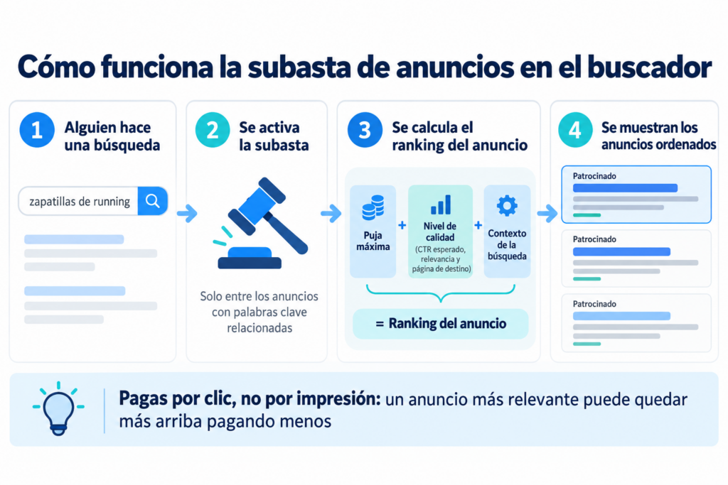 Infográfico de como funciona o leilão de anúncios: busca, leilão, classificação do anúncio de acordo com o lance, o Nível de qualidade e o contexto, e anúncios ordenados