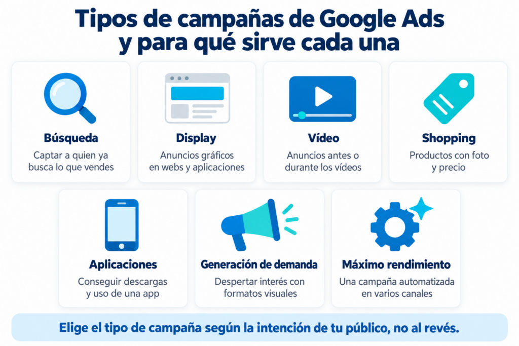 Infográfico dos tipos de campanhas do Google Ads: Pesquisa, Display, Vídeo, Shopping, Apps, Geração de demanda e Desempenho máximo