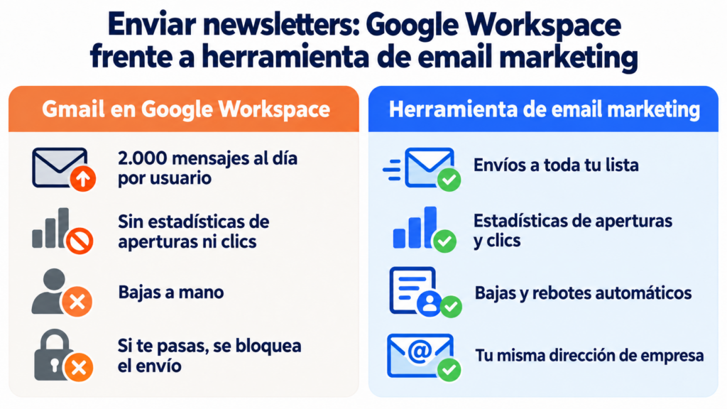 Sending newsletters: Google Workspace versus an email marketing tool, with a limit of 2,000 messages a day versus sending to your whole list with statistics and automatic unsubscribes