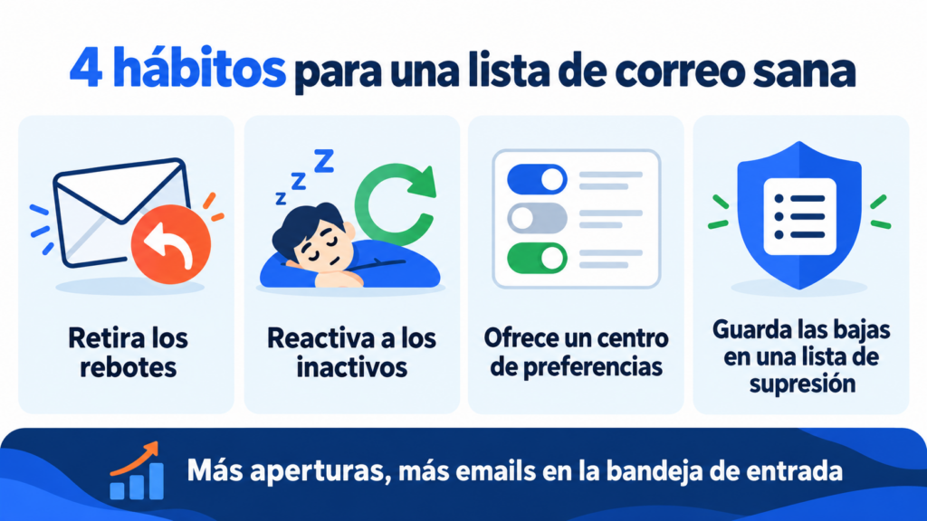 Cuatro hábitos para mantener sana una lista de correo: rebotes, inactivos, centro de preferencias y lista de supresión