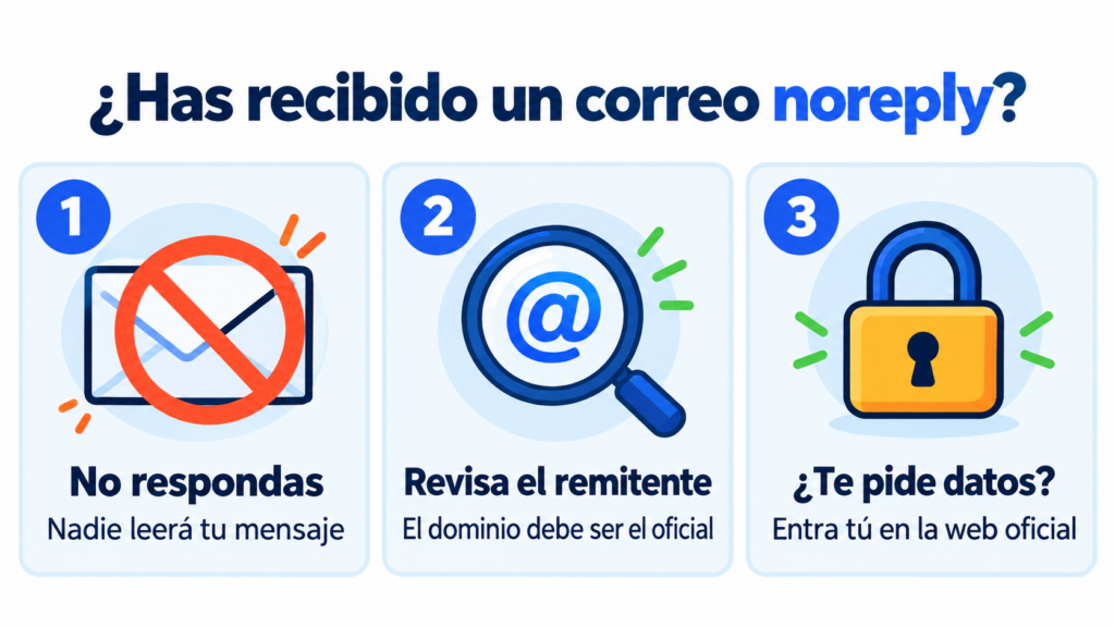 ¿Has recibido un correo noreply? No respondas porque nadie lo leerá, comprueba que el dominio del remitente es el oficial y, si te pide datos, entra tú en la web oficial en lugar de usar sus enlaces